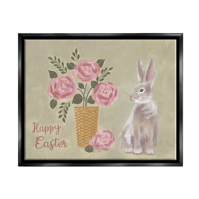 Stupell Industries Happy Easter Bunny Rose Bouquet Floater Framed Art