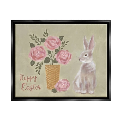 Stupell Industries Happy Easter Bunny Rose Bouquet Floater Framed Art