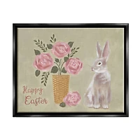 Stupell Industries Happy Easter Bunny Rose Bouquet Floater Framed Art