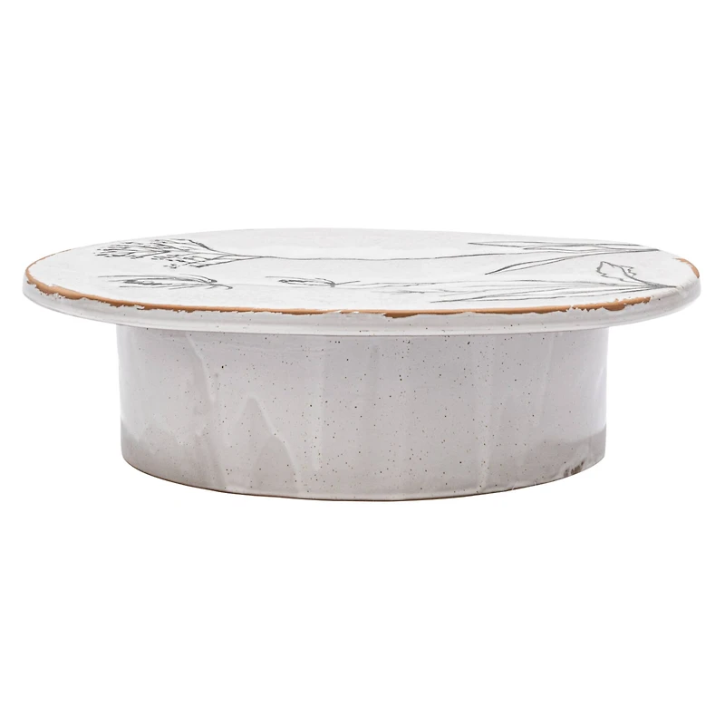 Hello Honey® 12" White & Black Round Debossed Stoneware Pedestal with Flowers & Reactive Glaze