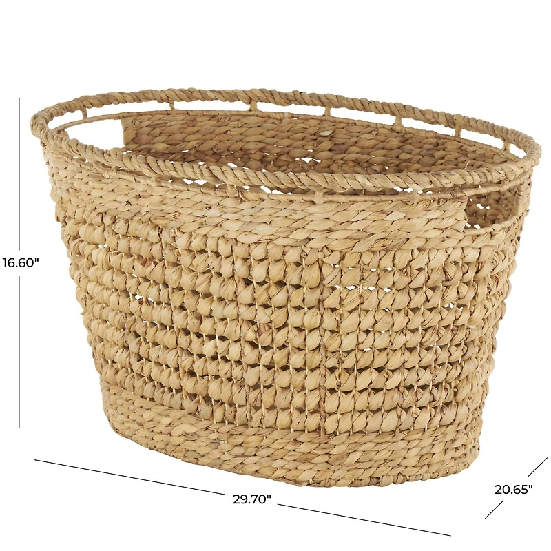 30" Brown Seagrass Handmade Woven Oval Storage Basket with Elevated Rim & Slot Handles