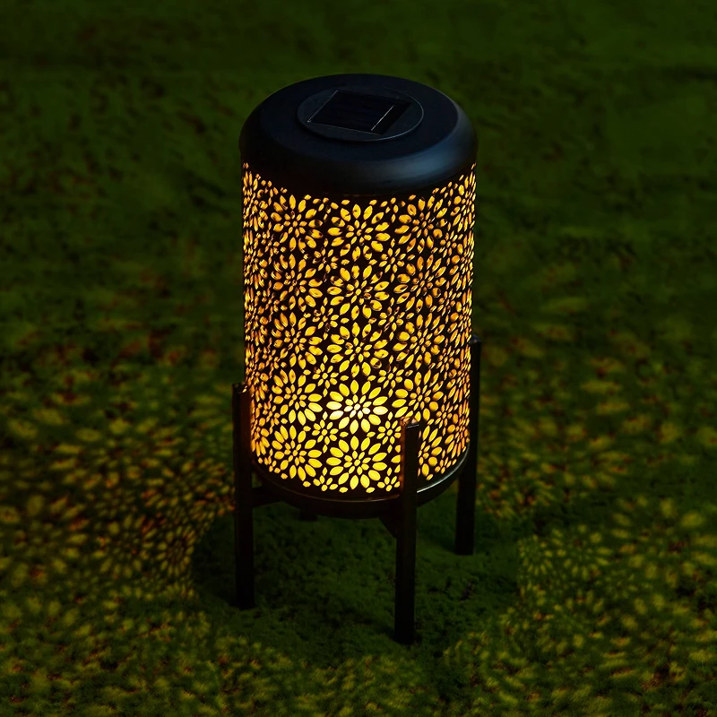Glitzhome® 14.25" Metal Cutout Flower Pattern Solar Powered LED Outdoor Lantern
