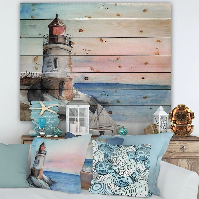 Designart - A Lighthouse On A Rock Shore In Early Morning
