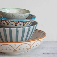 Hello Honey® 16" Cream & Orange Hand Painted Stoneware Serving Bowl