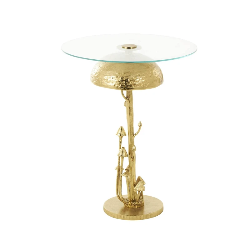 23" Gold Aluminum Metal Mushroom Table with Glass Tabletop