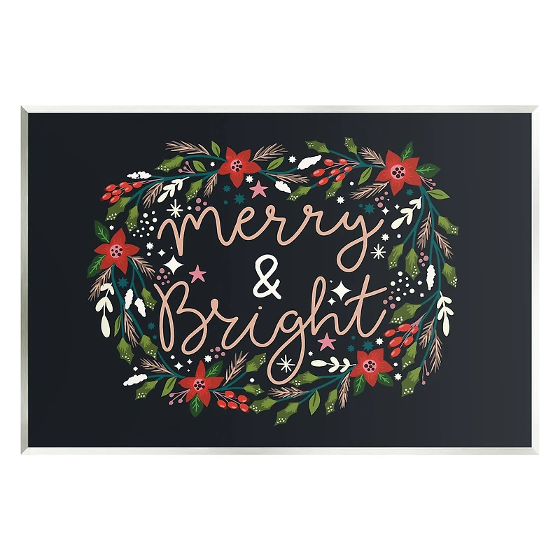 Stupell Industries Merry & Bright Poinsettia Wreath Wall Plaque Art