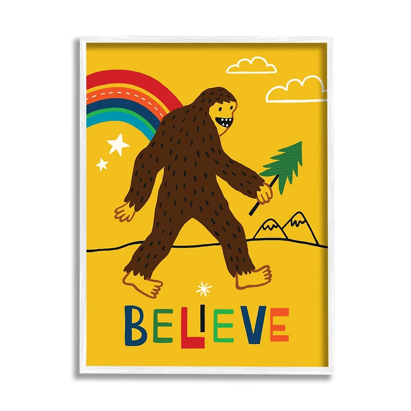 Stupell Industries Whimsical Believe Phrase Happy Smiling Big Foot in White Frame Wall Art