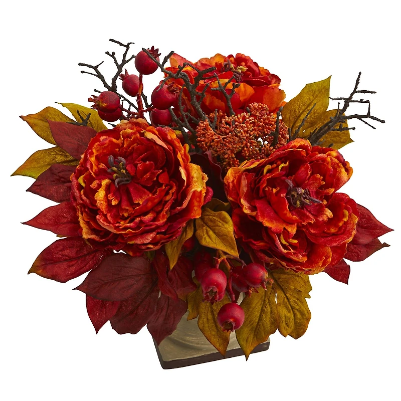 15" Peony & Sedum Arrangement in Decorative Planter