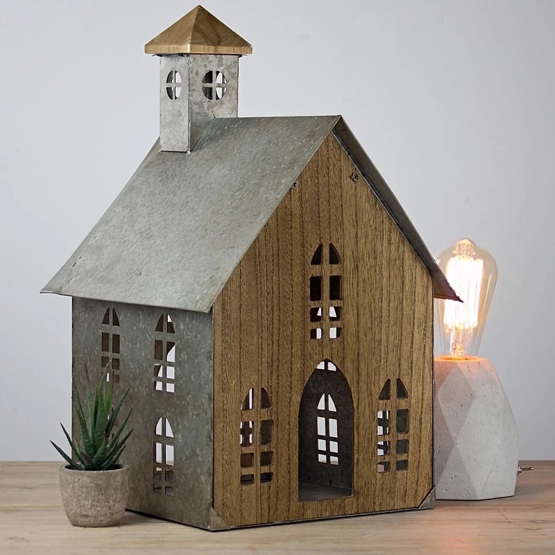 18.5" Wood & Metal Church Bird House Tabletop Accent