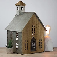 18.5" Wood & Metal Church Bird House Tabletop Accent