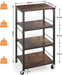 Rustic Brown 4-Tier Utility Cart Rolling Kitchen Storage Cart Wood Top