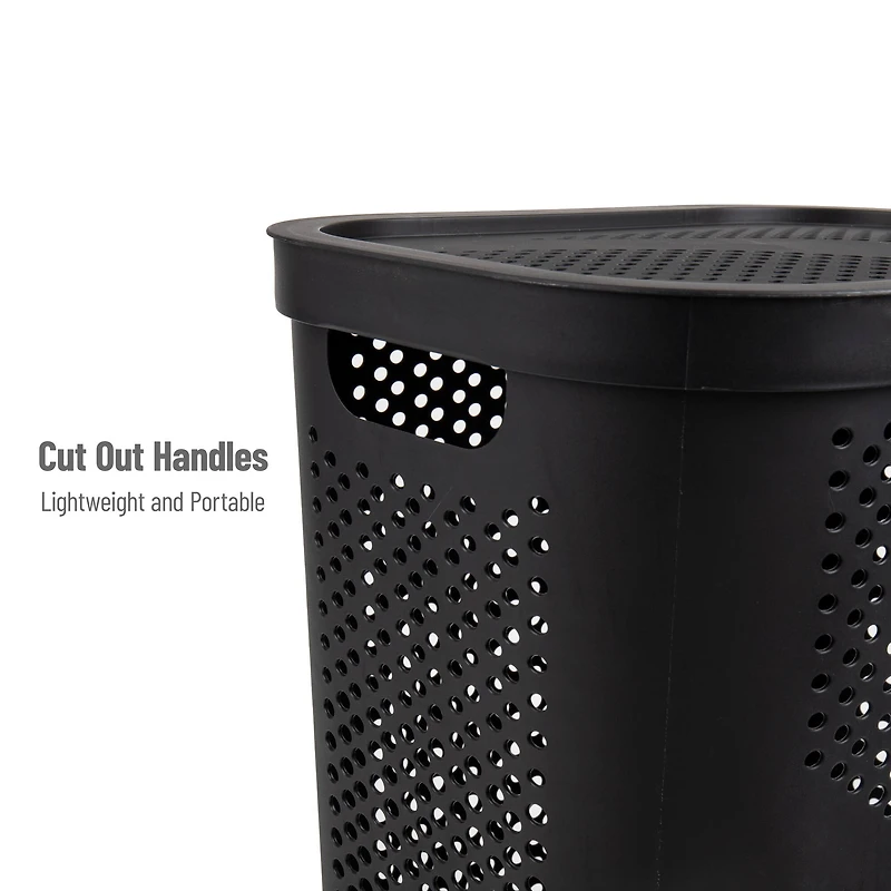 Mind Reader 60L Black Ventilated Slim Laundry Hamper with Cut Out Handles & Hinged Lid