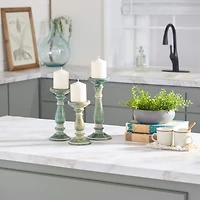Green Mango Wood Farmhouse Pillar Candle Holder Set
