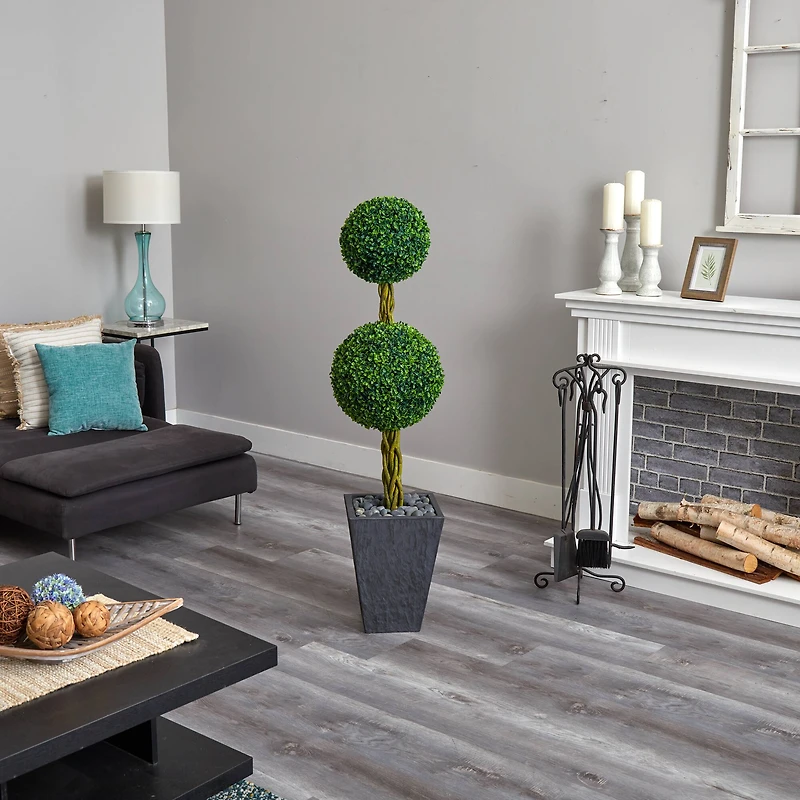 5ft. Double Ball Boxwood Topiary Tree in Slate Planter