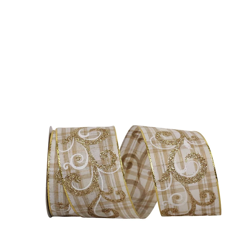 JAM Paper 2.5" x 10yd. Natural Plaid & Gold Scroll Wired Glitter Ribbon
