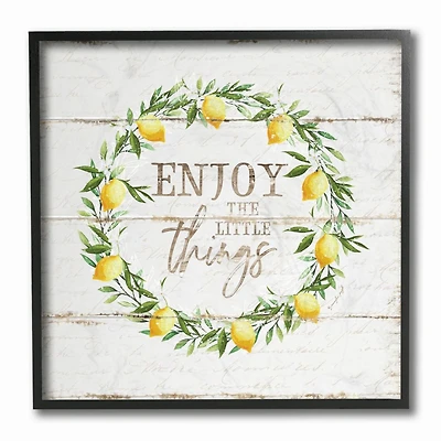 Stupell Industries Distressed Enjoy the Little Things Phrase Lemon Wreath Black Framed Wall Art