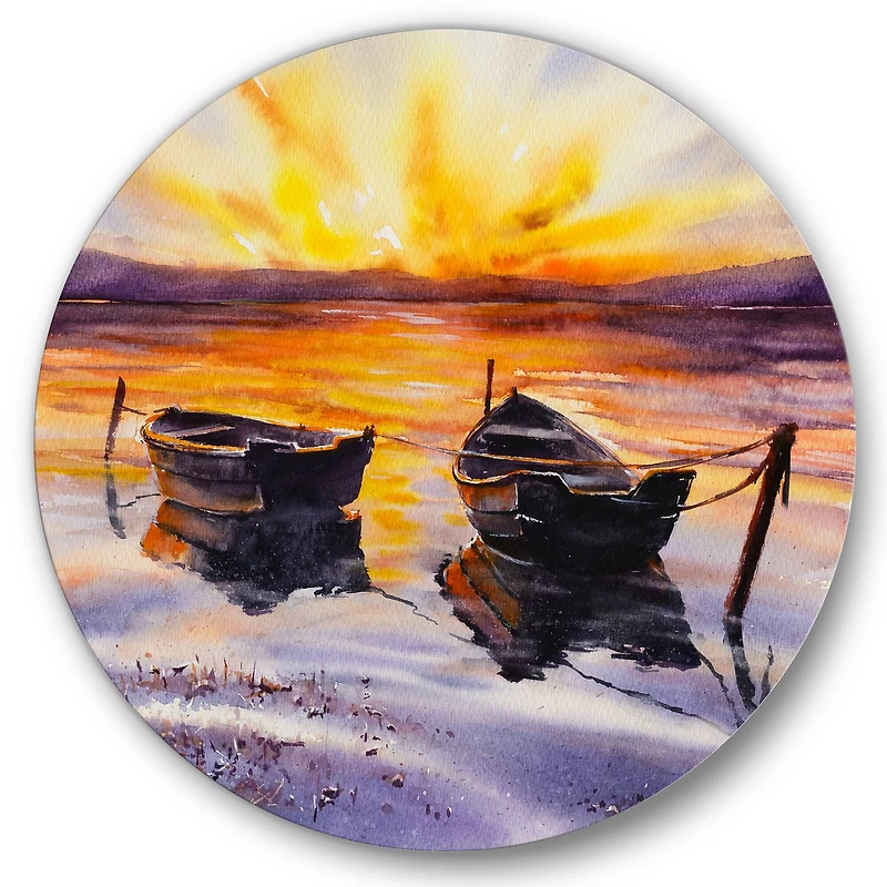 Designart - Sunset and Two Small Boats Parking On The Shore