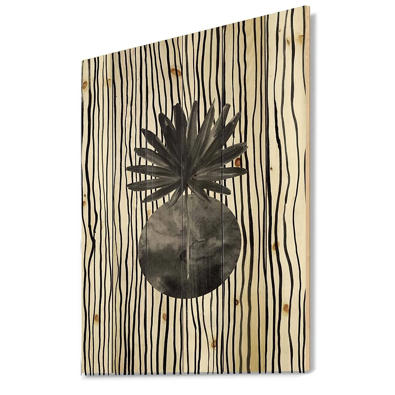 Designart - Black and White Tropical Leaf On Striped I