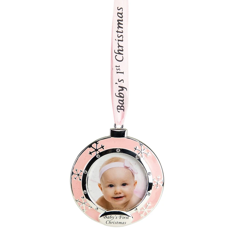 Pink & Silver Baby's First Christmas Crystal Embellished Photo Ornament