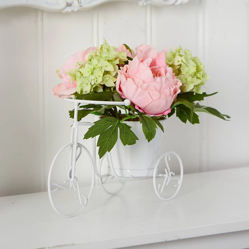 9.5" Peony & Hydrangea Arrangement in Tricycle Planter