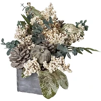 12" Gray & Gold Pumpkin & Leaf Floral Arrangement