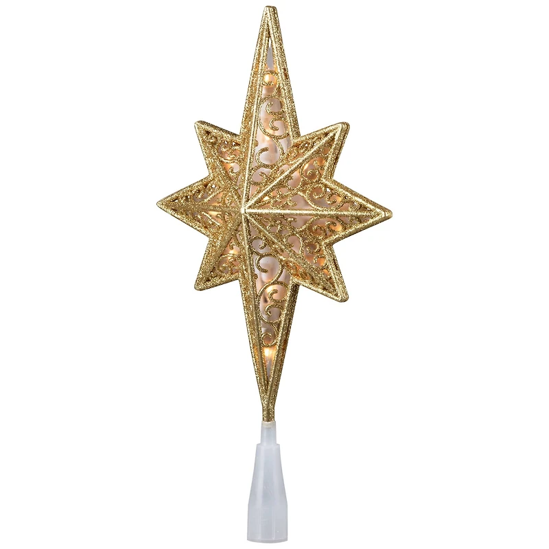 Lighted Frosted Clear and Gold Scroll Star of Bethlehem Christmas Tree Topper - 11" - Clear Lights
