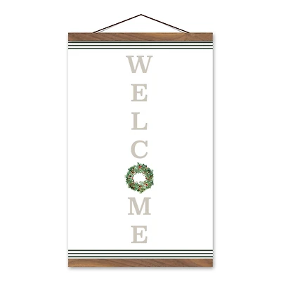 Welcome Wreath Teak Hanging Canvas