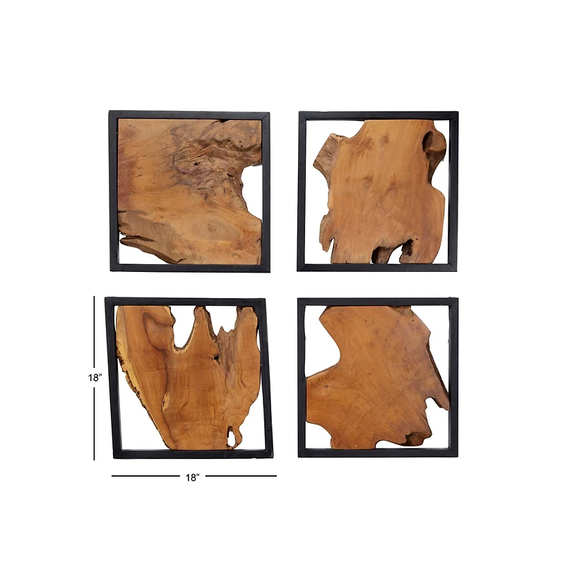 Set of 4 Brown Teak Wood Rustic Abstract Wall Decor, 18" x 18"