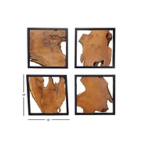 Set of 4 Brown Teak Wood Rustic Abstract Wall Decor, 18" x 18"