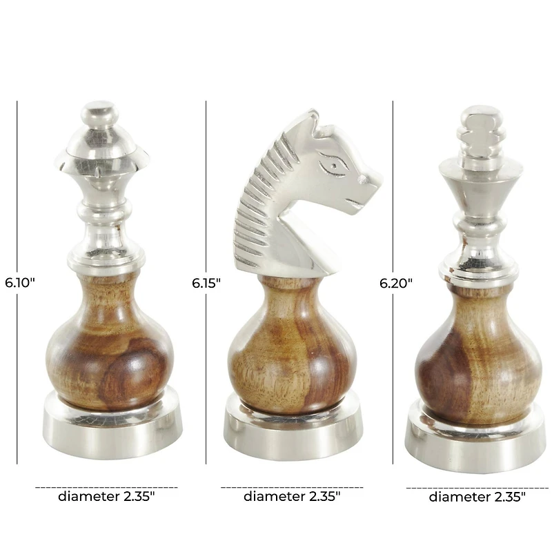 6" Silver Aluminum Metal Chess Sculpture with Round Wood Centers, 3ct.