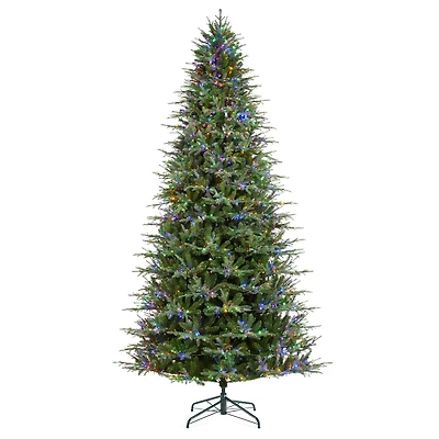 Glitzhome® 11ft Pre-Lit Green Full Fir Artificial Christmas Tree, Multicolor LED Lights