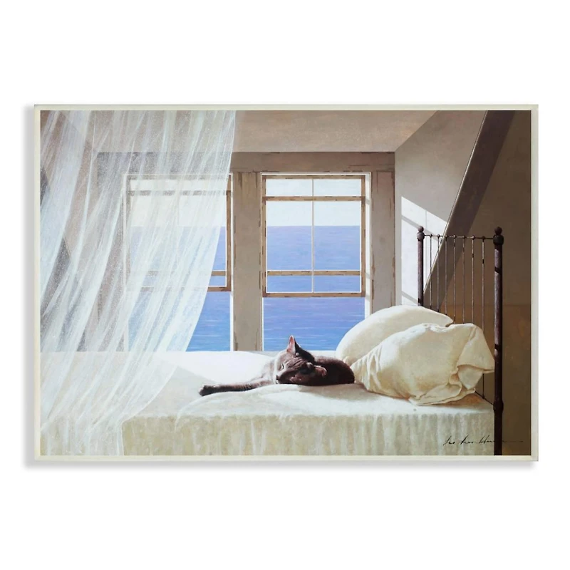 Stupell Industries Cat Resting on White Oceanside Bed Wall Plaque