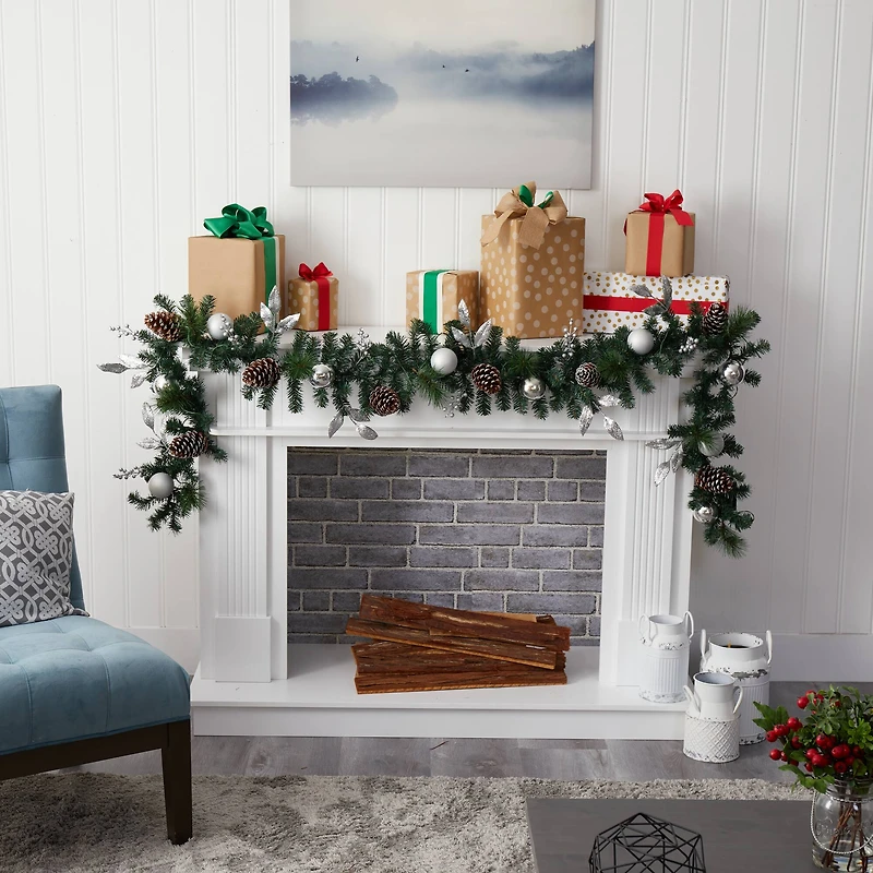 9ft. Pre-Lit Clear LED Ornament & Pinecone Artificial Christmas Garland