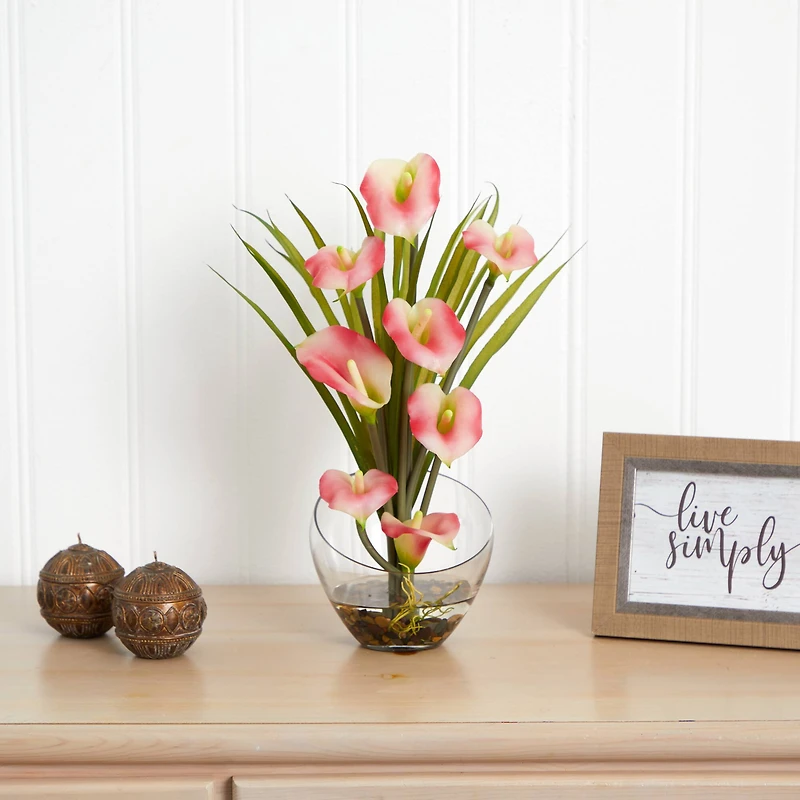 15.5" Pink Calla Lily and Grass Arrangement in Vase