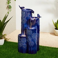 Glitzhome® 31.75" Cobalt Blue 4-Tier Dandelion Texture Vase-Shaped Ceramic Outdoor Fountain with LED Light