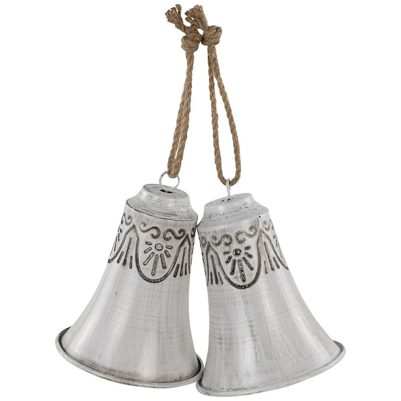 Embossed Bells Christmas Ornaments - 6" - Gray and White - Set of 2