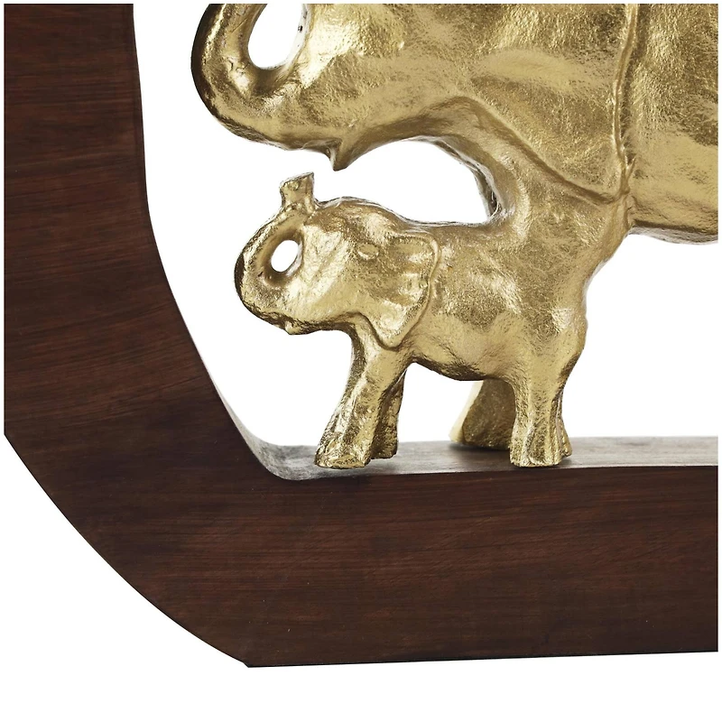 13.5" Gold Metal Elephant Sculpture with Brown Frame