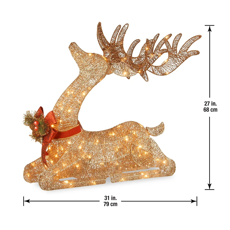 2.8ft. Sisal Splendor Champagne Lying Deer with 105 Mini Clear Lights