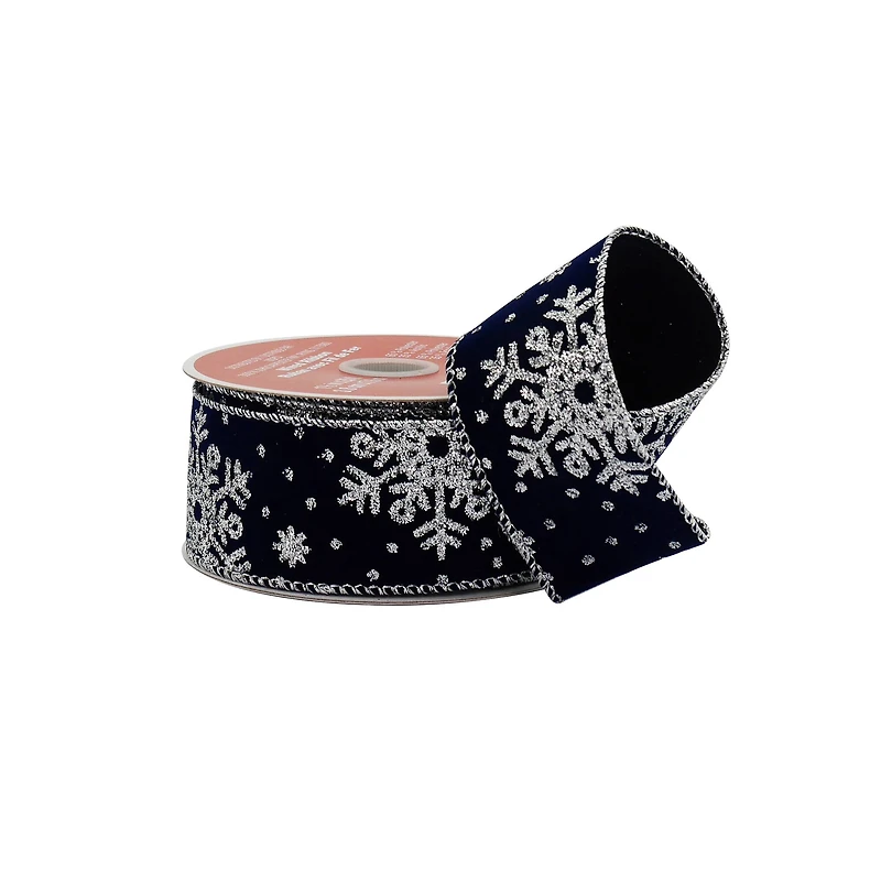 1.5" x 25ft. Navy & Silver Snowflake Wired Velvet Ribbon by Celebrate It®
