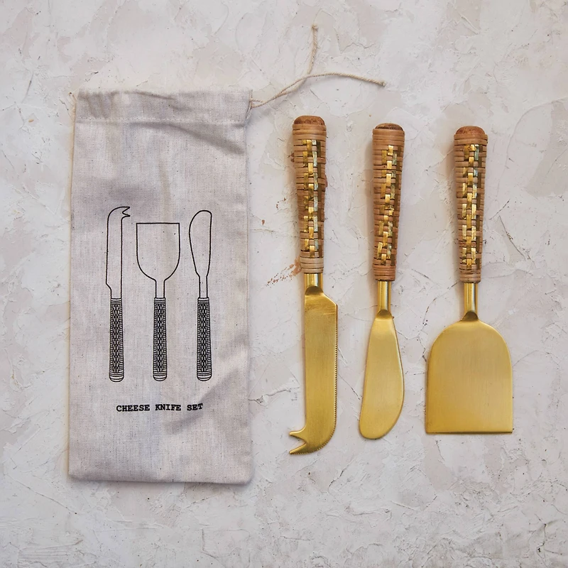 Hello Honey® Gold Stainless Steel Cheese Server Set with Rattan-Wrapped Mango Wood Handles