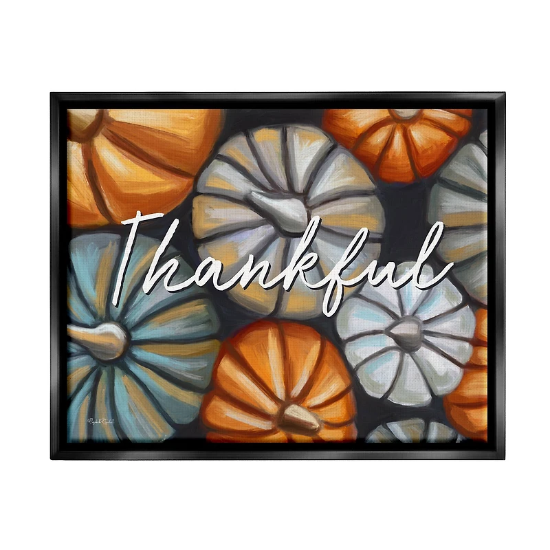 Stupell Industries Autumn Thankful Pumpkins Phrase Framed Floater Canvas Wall Art