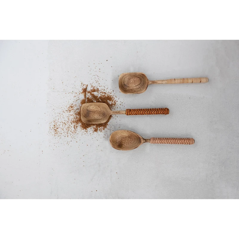 Hello Honey® 7.5" Mango Wood Spoons with Bamboo & Leather Wrapped Handle Set