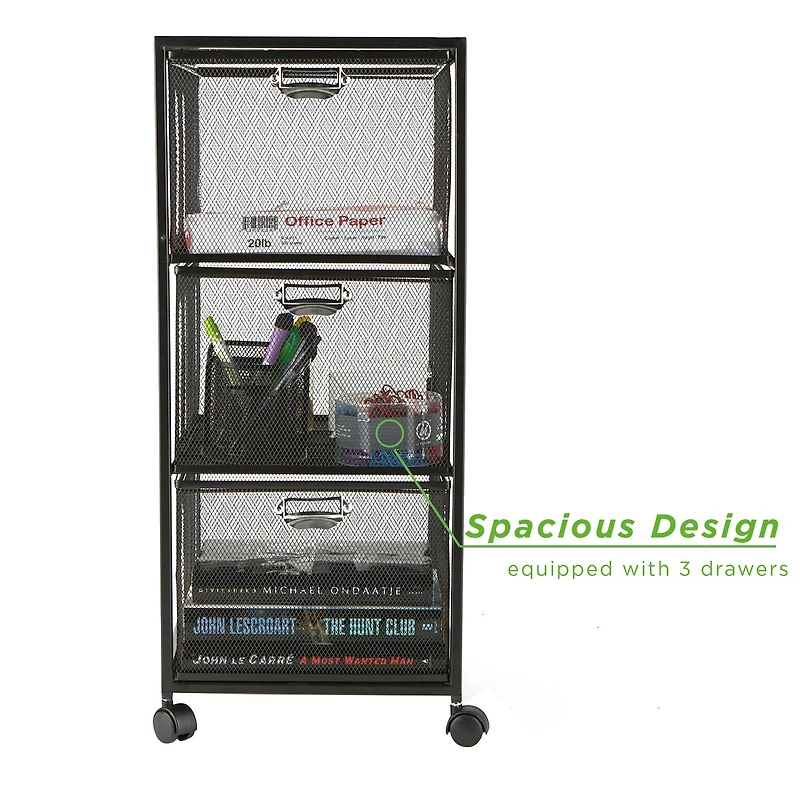 Mind Reader Black 3 Drawer Rolling File Cabinet