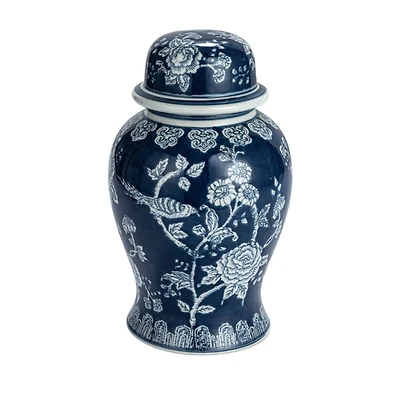Hello Honey® 12.5" Blue & White Round Ceramic Ginger Jar with Lid
