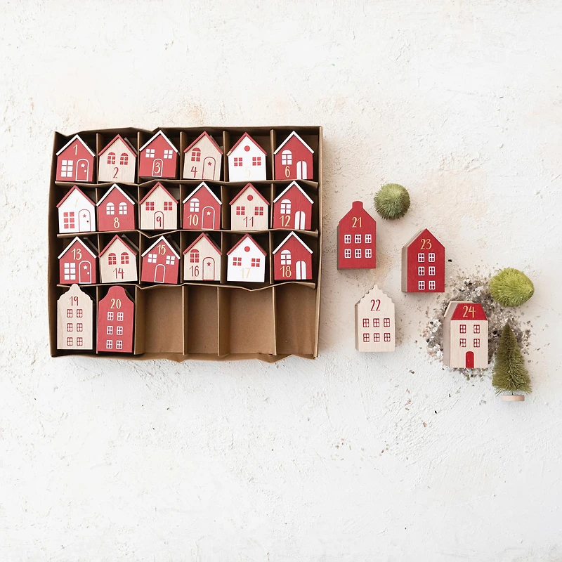 Hello Honey® Red, White & Natural Wood House Advent Calendar Set