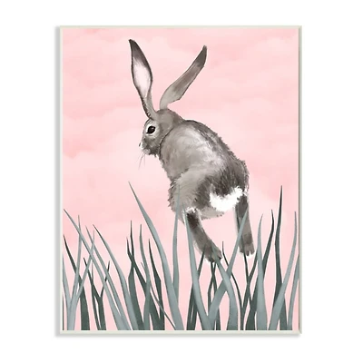 Stupell Industries Bunny Rabbit Jump Grass Pink Green Animal Painting Wall Plaque