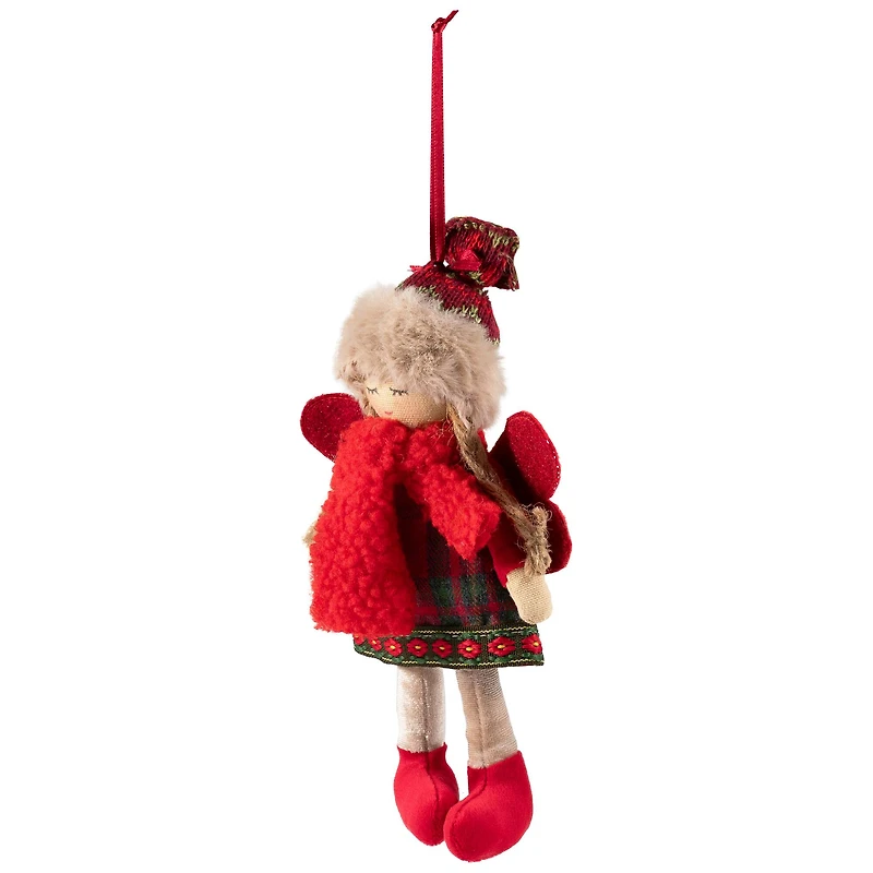 Plaid Angel Girl with Jute Pigtails  Christmas Ornament - 8.5" - Red and Beige
