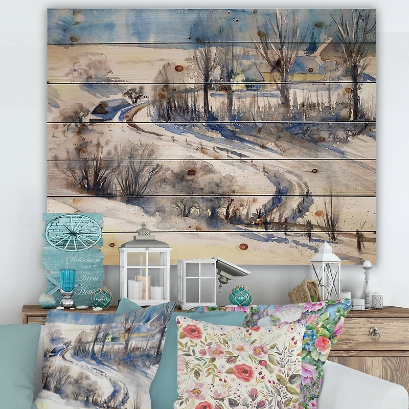 Designart - Country Road In Winter Times I - Traditional Print on Natural Pine Wood