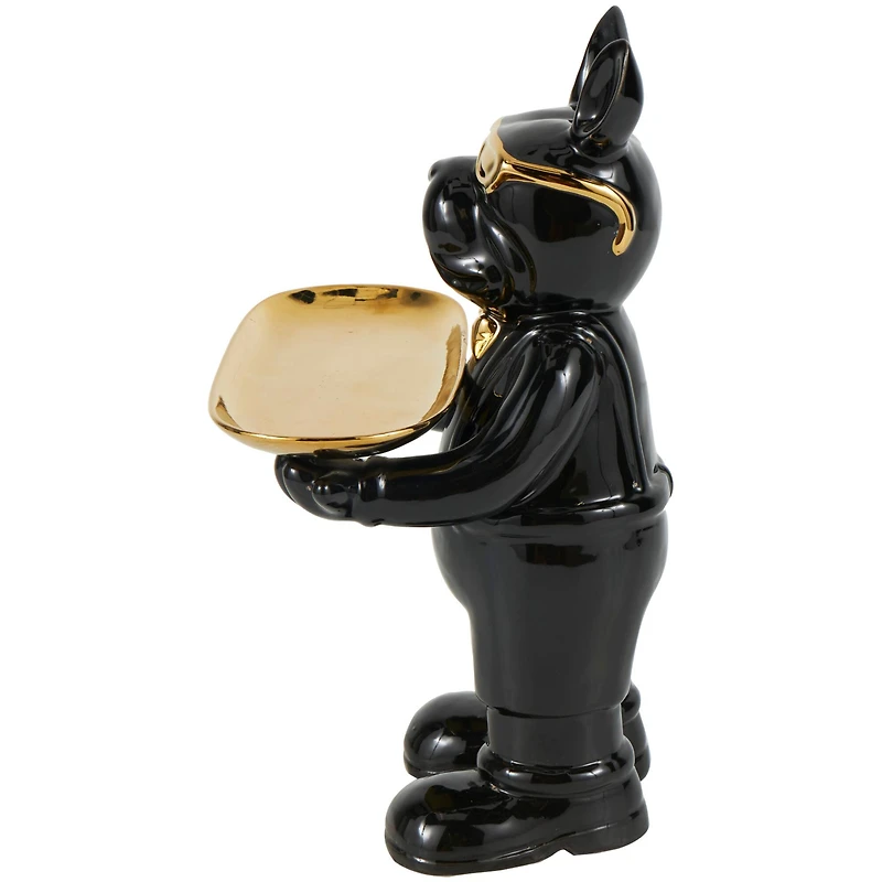 11.75" Black Ceramic Bulldog Sculpture with Golden Platter Décor