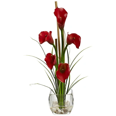18" Red Calla Lily In Square Glass Vase